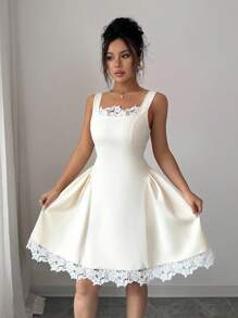 Elenzga Square Neck Splice Design Elegant Short Dress - Apricot - View 5