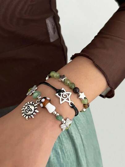 ROMWE Fairycore Set de 3 pulseras estilo bohemio con abalorios y dijes de sol, estrella y mariposa, accesorios de joyería para mujer para usar en atuendos diarios y de fiesta