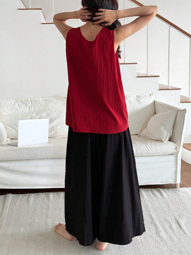 2pcs Twist Front V-Neck Loose Casual Women's Set Pajama