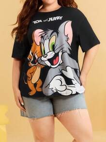 TOM & JERRY X SHEIN Plus Size  Summer  Y2K Cleanfit Casual Rave Outfits Festival  Punk Cover Up  Retro Vintage Cartoon Casual Cute Funny Black Cat Print Crew Neck Short Sleeve T-Shirt, Casual For Summer