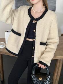 SHEIN Teen Girls Oversized Round Neck Contrast Color Button Front Teddy Bear Cardigan, Elegant & Retro Cropped Jacket Jacket For Teen Girl Cute Jacket Teddy Jacket Fuzzy Jacket Autumn Winter Clothes For Women - Apricot - View 7