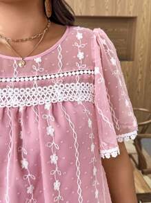 Weeklong Váy mini thêu dệt thanh lịch tay ngắn cỡ lớn cho nữ có viền xếp nếp - Bụi hồng - Xem 8