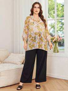 Lacomfia 2 Pieces Plus Size Holiday Casual Floral Allover Print Shirt And Pants Set Fall Cloth For Women