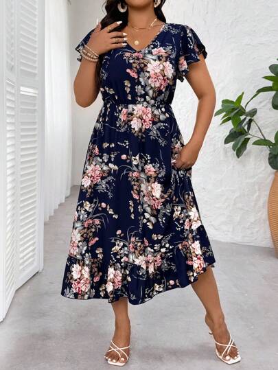 Rometta Plus Size Women's Ditsy Floral V-Neck Short Sleeve Cinched Waist Romantic Dress, Chic Retro Style For Spring & Summer, Beach Vacation