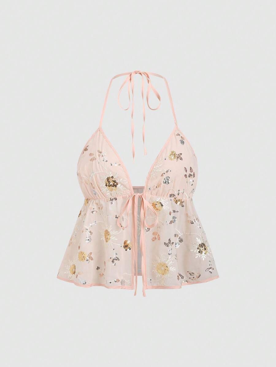 Sweetra 女士春夏新款适合海滩度假，亮片刺绣露背领蝴蝶结装饰可调节系带性感上衣 - 杏色 - 查看 1