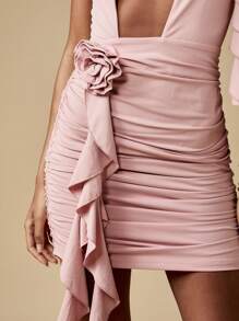 MISSGUIDED One Shoulder Ruched Mini Dress With Rosette Detail Evening Party Wedding Guest Cocktail Bodycon Dress Ruffled Side Detail Flattering Party Wear