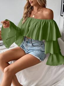 Chiquease 女式露肩荷叶边长袖衬衫