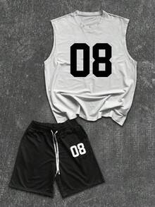 Manfinity Homme Set de topuri scurte, casual, regulate, fără mâneci, cu imprimeu cu numere mari - Alb-negru - Vizualizare 3