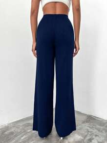 RueChic Women's Solid Color Waist Tied Straight Loose Casual Knit Long Pants