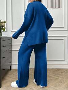 EURMUSE Women's Pearl Beaded Knit Sweater 2pcs/Set - Royal Blue - View 2