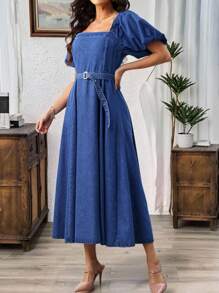 SHEIN LUNE Vestido jeans casual feminino com manga bufante, vestido de formatura de verão, vestidos casuais para mulheres, vestidos de aniversário para mulheres, roupas de cowgirl para mulheres, vestidos para mulheres, vestidos de verão elegantes para mulheres, roupas de trabalho, roupas para shows country, roupas de professora para mulheres - Lavagem Média - View 4