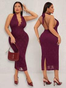 SHEIN SXY 大码女式性感优雅蕾丝深 V 露背紧身连衣裙，酒红色，适合日常穿着、节日、约会之夜、生日、单身派对、婚礼、优雅、休闲、购物、街头服饰、外出、风骚、易于搭配且看起来苗条，凸显身体线条，修饰身材 - 酒紅色 - 查看 1