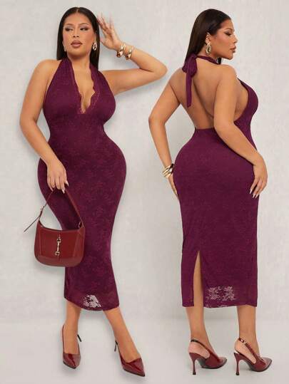 SHEIN SXY Plus Size Women's Sexy & Elegant Lace Deep V Backless Bodycon Dress, Burgundy, Suitable For Everyday Wear, Festivals, Date Nights, Birthdays, Bachelorette Parties, Weddings, Elegant, Casual, Shopping, Streetwear, Going Out, Coquettish, Easy To Match & Looks Slim, Accents The Body, Flatters The Figure Halter Neck Dress Lace Dress Wine Red Dress Open Back Dress