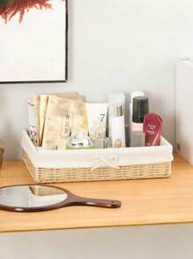 Desktop Storage Box For Cosmetics, Keys, Snacks, Table Clutter, Living Room, Entrance, Household Rattan Storage Basket, Woven Frame - apricot bow - View 4