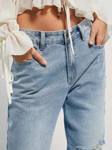 WESTFADE Pantalones vaqueros premium con pierna recta y ajustados, con roturas, sin estiramiento - Lavado ligero - Ver 2