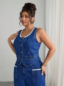 Elenzga Modische lässige ärmelloser Denim Jacke mit Perlendekor für Große Größen
