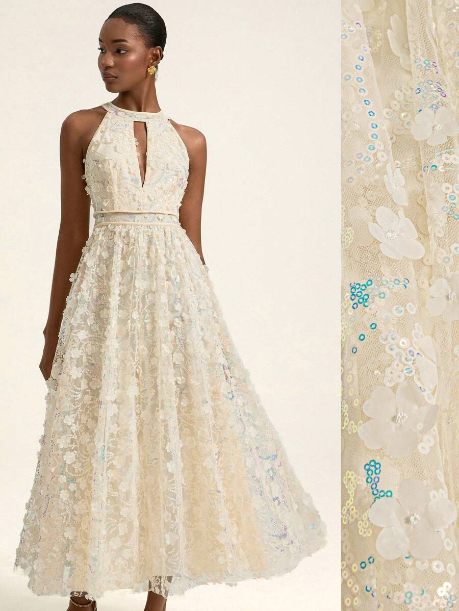 Aveloria Rosie Romantic Elegant Minimalist Sophisticated French Woman Luxury Occasion High-End Design Exquisite Beaded Embroidery Fabric Halter Sexy Hollow-Out Waist-Defining Flowy Maxi Dress, Sleeveless, For Women