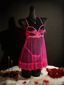 SHEIN Set de 2 camisones con tirantes finos de encaje y malla con diseño sexy para salir - Rosa Fucsia - Ver 3