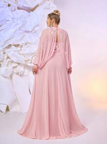 Plus Size Elegant Romantic Sweetheart Neck Detachable Sleeve Handmade Bead Decor Luxury Sequin Spliced Chiffon Big A-Line Hem Evening Gown, Summer - Pink - View 8