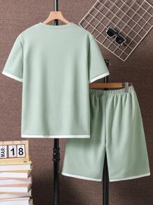 2pcs/Set Teen Boys Casual Loose Crew Neck Short Sleeve T-Shirt And Shorts Outfit