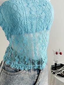 Roylia Ren khoét rỗng, Họa tiết hình học, Màu trơn, Ôm sát, Bandeau, Áo ống, Không tay, Hở lưng, Trong suốt một phần, Lễ hội, Ngày lễ, Thanh lịch, Gợi cảm, Lãng mạn, Tối giản, Phong cách nghỉ dưỡng Boho, Cô gái tiệc tùng, Y2K, Áo ống mùa xuân/hè dành cho nữ - Màu xanh lam - Xem 7