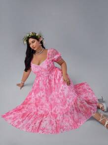Flirla Plus Size Sweet Palace Style Puff Sleeve Elegant A-Line Dress - Multicolor - View 2