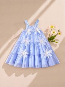 SHEIN Baby Girl Cute Light Blue Floral Dress,Summer Sleeveless Elegant Three-Dimensional Decoration Vacation Holiday Party Birthday Fashion Outfits - Blue - View 1