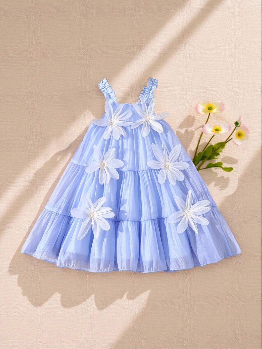 SHEIN Baby Girl Cute Light Blue Floral Dress,Summer Sleeveless Elegant Three-Dimensional Decoration Vacation Holiday Party Birthday Fashion Outfits - Blue - View 1