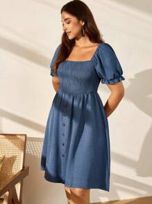 LanaWest CURVE 大码女式纯色牛仔效果泡泡袖前襟装饰连衣裙 - 藍色 - 查看 7