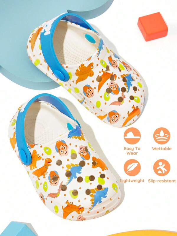 Blippi X SHEIN Sandalias respirables de dinosaurio de dibujos animados en blanco EVA para niños pequeños, ligeras y antideslizantes, que protegen los dedos de los pies, adecuadas para uso en interiores o exteriores, unisex