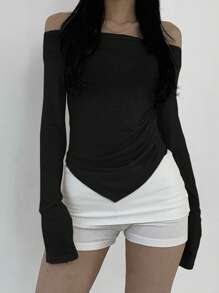 DAZY Camiseta casual de manga larga con hombros descubiertos de unicolor para mujer, ropa de mujer de otoño Y2K