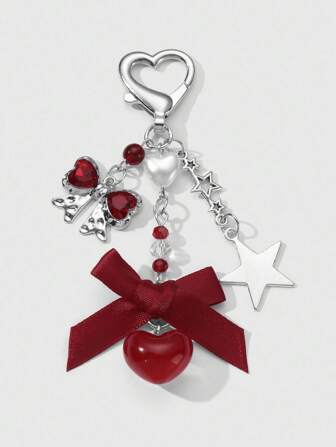 Kawaii 1 Stück stilvoller und charmanter silberner Cut Out Stern Strass Schleife Harz Herz DIY Schlüsselanhänger/ Taschenbaumler, modisches Accessoire für Frauen/ Mädchen, geeignet als täglicher Gebrauch oder als Geschenk