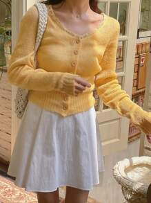 DAZY 蕾丝拼布修身短款开衫，女士长袖，秋季女装