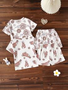 2pcs/Set Cartoon Print Pajamas For Young Girl - White - View 2