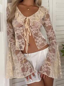 SHEIN EZwear 女式花卉蕾丝拼布荷叶边系带长袖性感衬衫 - 米色 - 查看 4
