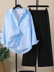 Set di 3 pezzi, outfit verde scuro per adolescenti, composto da una camicia a righe a maniche lunghe con orlo irregolare, un gilet lavorato a maglia bianco e pantaloni neri a gamba ampia, ideale per l'uso quotidiano e per le vacanze