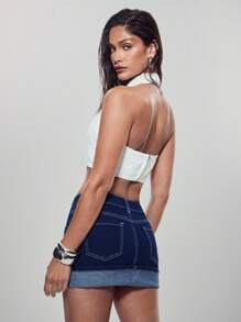 Denimoi 斜口袋休闲卷边牛仔迷你裙 - 深色水洗藍 - 查看 5