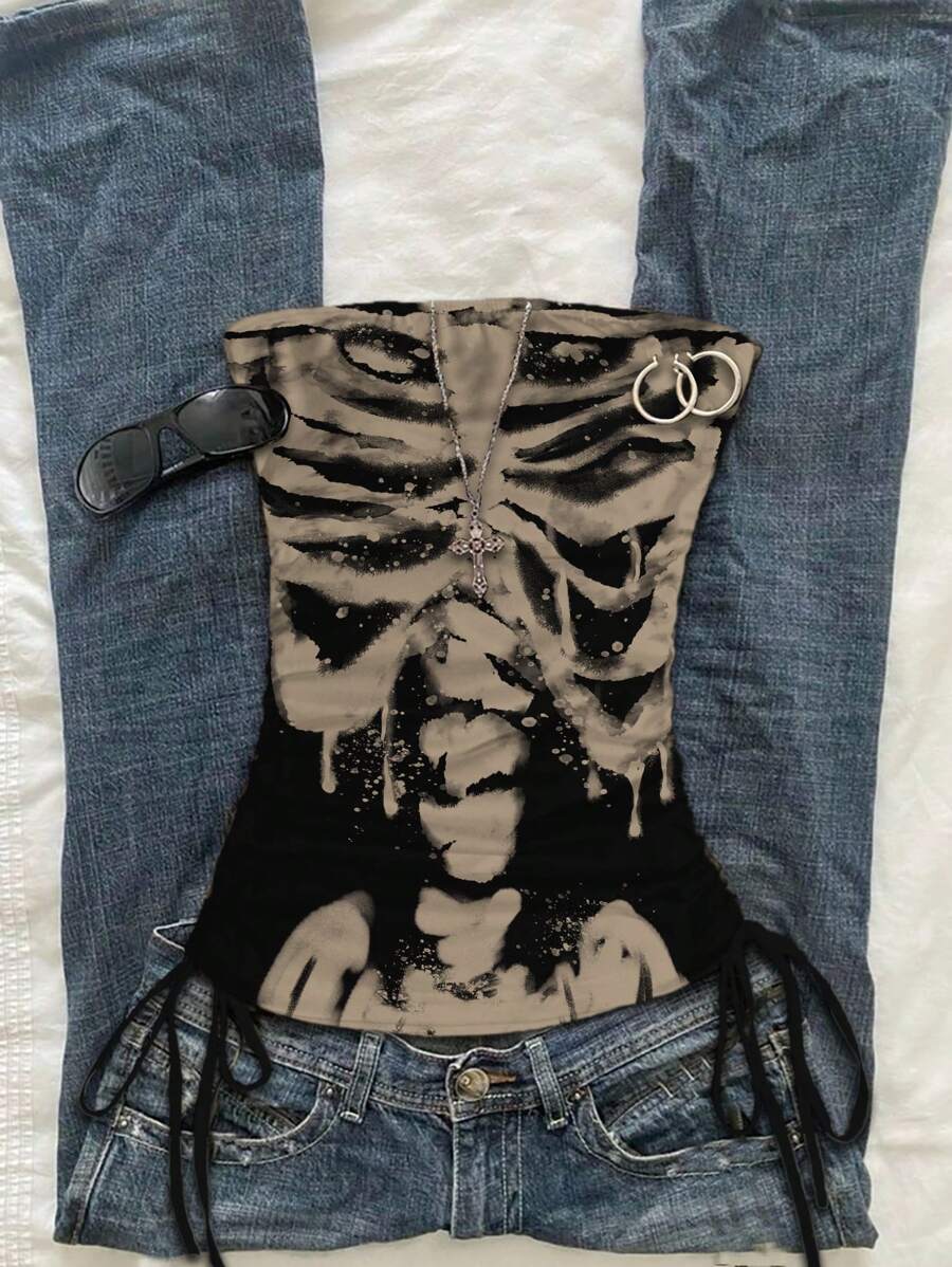 Attitoon Top corto con nudo delantero y estampado de esqueleto derritiéndose, adecuado para el verano - Negro - Ver 1