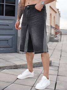 Manfinity Homme Short en jean ample, décontracté et mode de rue pour hommes grande taille, avec contraste de couleurs et bord brut - Gris - Voir 6