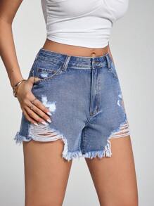 SHEIN Unity Casual Distressed Fringed Denim Shorts - Medium Wash - View 6