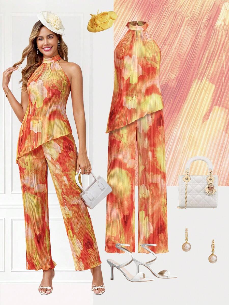 Ellevyn Conjunto de 2 piezas para mujer con top con cuello de halter y drapeado y pantalones anchos y holgados, outfit de verano elegante - Multicolor - Ver 1