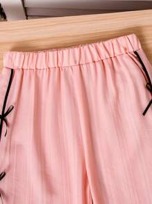 SHEIN Playful Pals Pantaloni lunghi eleganti da bambina in rosa tinta unita con fiocco nero, set estivo