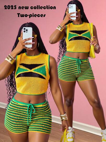 Slaydiva 2025 Summer New Casual Vacation Round Neck Sleeveless Crochet Short Vest + Crochet Mini Shorts Women Sweater Two Pieces Set,Music Festival, Graduation Outfits, Brunch Outfits For Women, Daily Travel, Party Gathering, Back To School, Casual,Vacation,Crochet,Tie Front Top,Beache Outfits Yellow