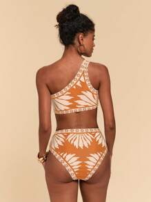 Travachic 女士夏季海滩植物印花性感比基尼套装（含罩衫） - 橘色 - 查看 2
