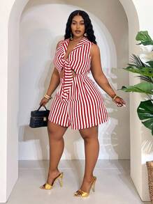 Slaydiva Striped Elegant Summer Holiday Fitted Sleeveless Blouse Collar Chest Tie-Knot Women Plus Size Short Jumpsuit-B - Red - View 4
