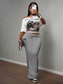 Slaydiva 2025 夏季新款休闲街头白色宽松露肩单肩图案T恤+侧开衩工装口袋长裙女两件套，音乐节，毕业装，女士早午餐装，日常外出，旅行，派对聚会，返校，休闲，街头-B - 彩色 - 查看 6