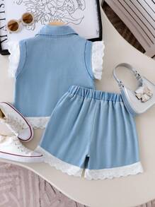 SHEIN 2pcs/Set Young Girl Cute White Lace Sleeveless Blue Washed Denim Top And Casual Cropped T-Shirt, Summer Outfit - Blue - View 2