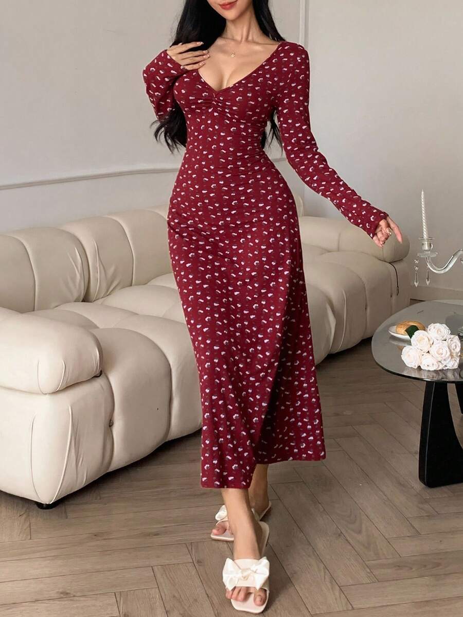 DAZY Long Ditsy Floral V-Neck Ruched Fitted Nightgown, Fall Pajama, Winter - Burgundy - View 1
