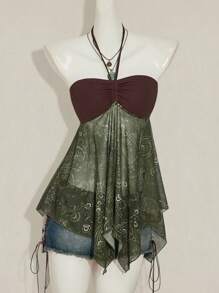 SHEIN ICON Y2k Nữ Kiểu Tây Boho Babydoll Màu Nâu Và Xanh Lá Cây Kỳ Nghỉ In Họa Tiết Paisley Hạt Điều Dây Rút Cổ Halter Camisole - Nhiều màu - Xem 5