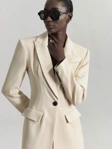 Ontre Stockholm Style, Women's Teacher, Autumn Women's Wear, Extra Long Blazer, Casual Minimalist Cinched Waist Long Blazer, Unique Lapel Design, Black, Suitable For Autumn/Winter, Business Casual Office Attire - Apricot - View 3